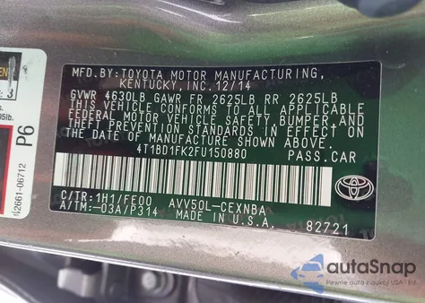 2015 Toyota Camry Hybrid Le из США, поврежденный, VIN 4T1BD1FK2FU150880